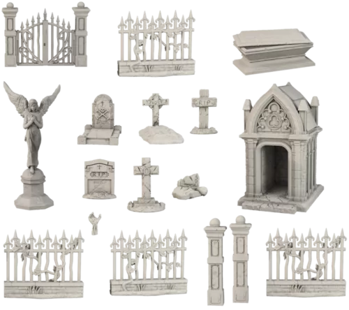 fantasy gothic graveyard terrain 28mm PVC contents