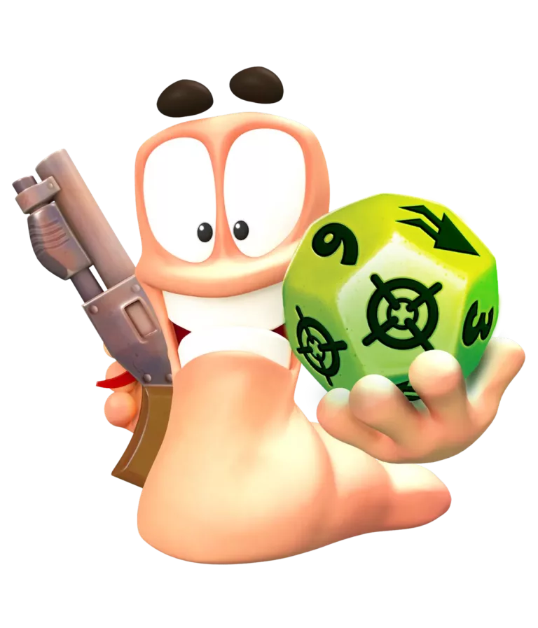 A stylised Worm image, holding a shotgun and a custom green dice