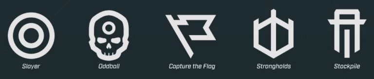 An image showing Game mode icons for play scenarios featured in Halo Flashpoint - Slayer, Oddball, Capture The Flag, Strongholds, Stockpile